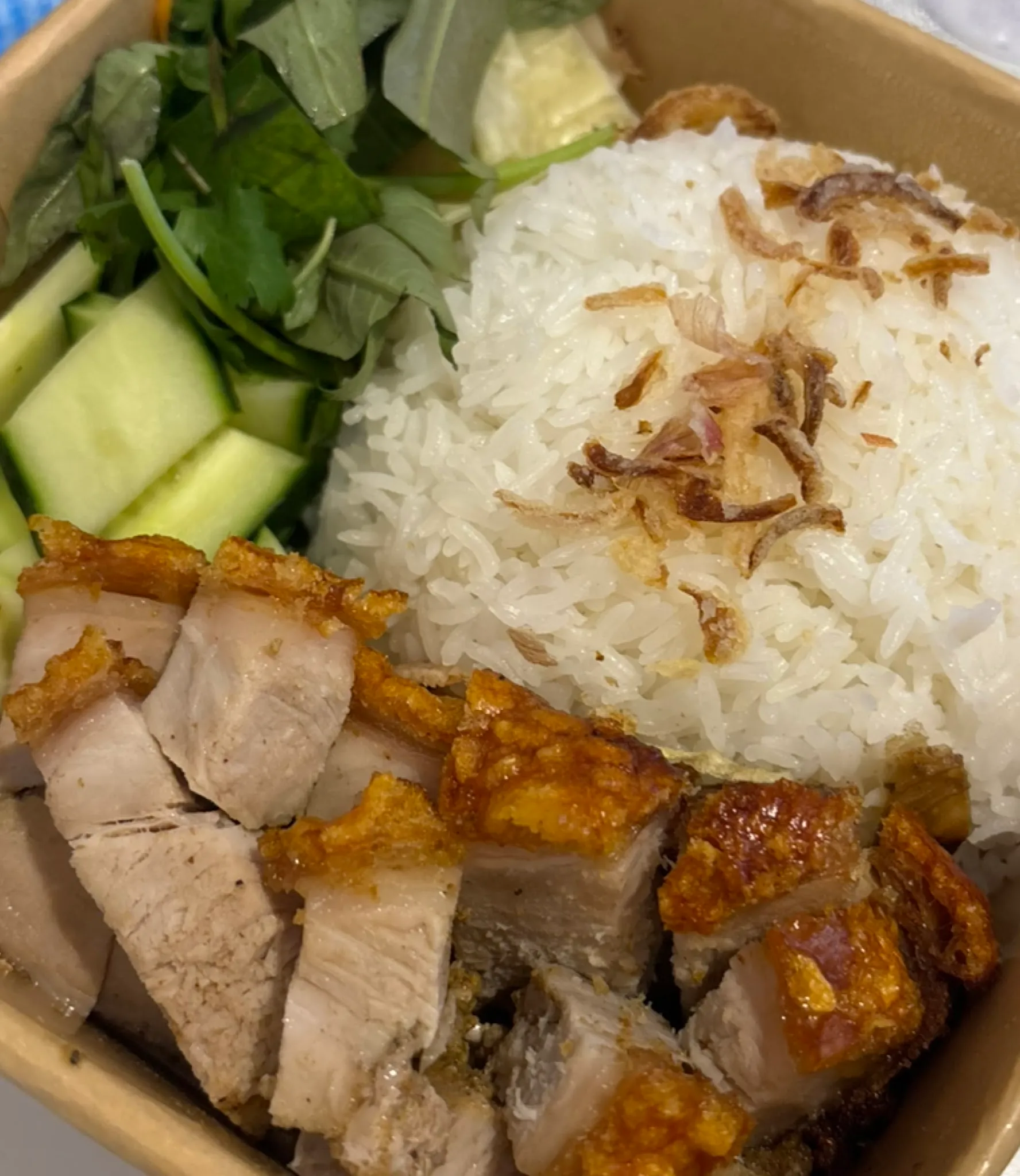 Takeaway bowl of crispy pork and crackling over rice with herbs and cucumber