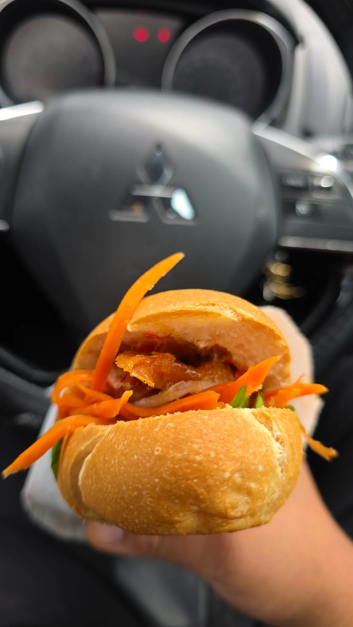 Hand holding a crusty banh mi with roast pork and pickled carrot